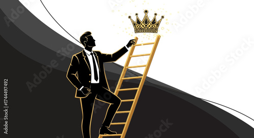 Businessman Climbing Ladder Towards Crown Illustrating Success and Reaching Ambitions