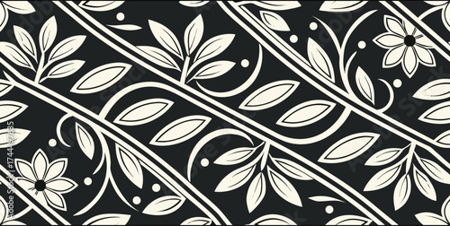 Luxury Ornamental Floral Vector Pattern | Black and White Decorative Swirl and Geometric Tile for Fashion, Fabric, Carpet, Interior and Graphic Design | Timeless Digital Art Texture