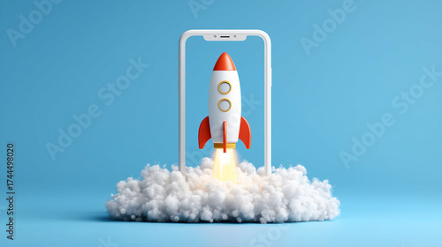 Smartphone displaying a rocket launching from its screen, set against a bright blue background. 3D vector style with clean flat design and high detail, ideal for technology, innovation, or startup-the