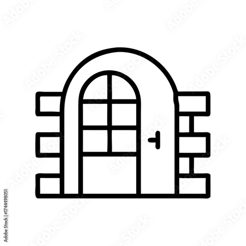 Arched door illustration with brick wall in minimalistic style  