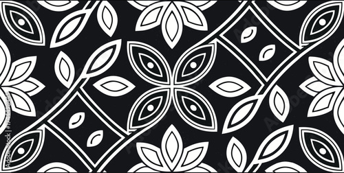 Luxury Ornamental Floral Vector Pattern | Black and White Decorative Swirl and Geometric Tile for Fashion, Fabric, Carpet, Interior and Graphic Design | Timeless Digital Art Texture