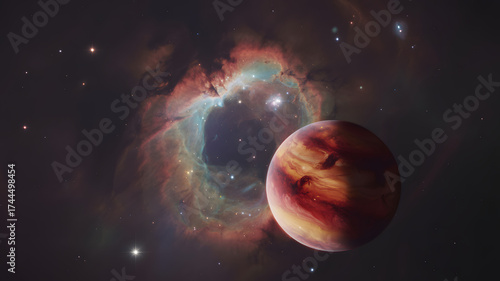 Planet floating in space with stars and galaxy background