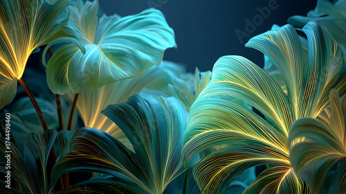 Neon botanical art featuring vibrant green and blue lights weaving through tropical leaves. Glowing ambient atmosphere with a moody dark backdrop and high-contrast illumination