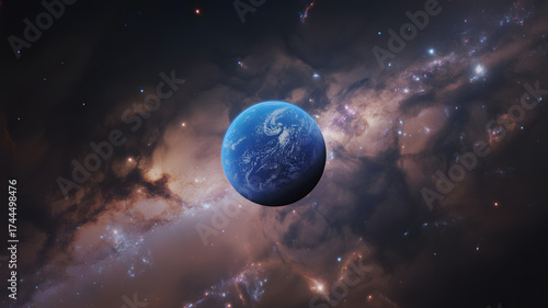 Earth and Moon in Space with Stars and Galaxy