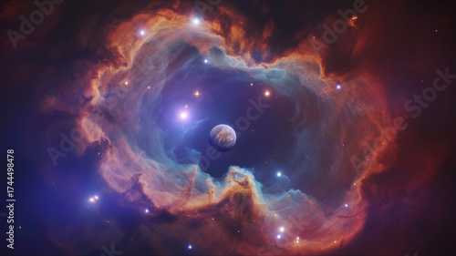 Astronomy's cosmic dream: a mystical black planet in a nebula-filled galaxy with starlight