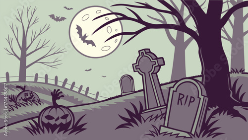 Vector Illustration of a Spooky Graveyard at Night with Headstones