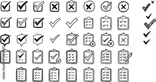 Hand-Drawn Check Marks and Clipboard Icons: Doodle Style Vector Set