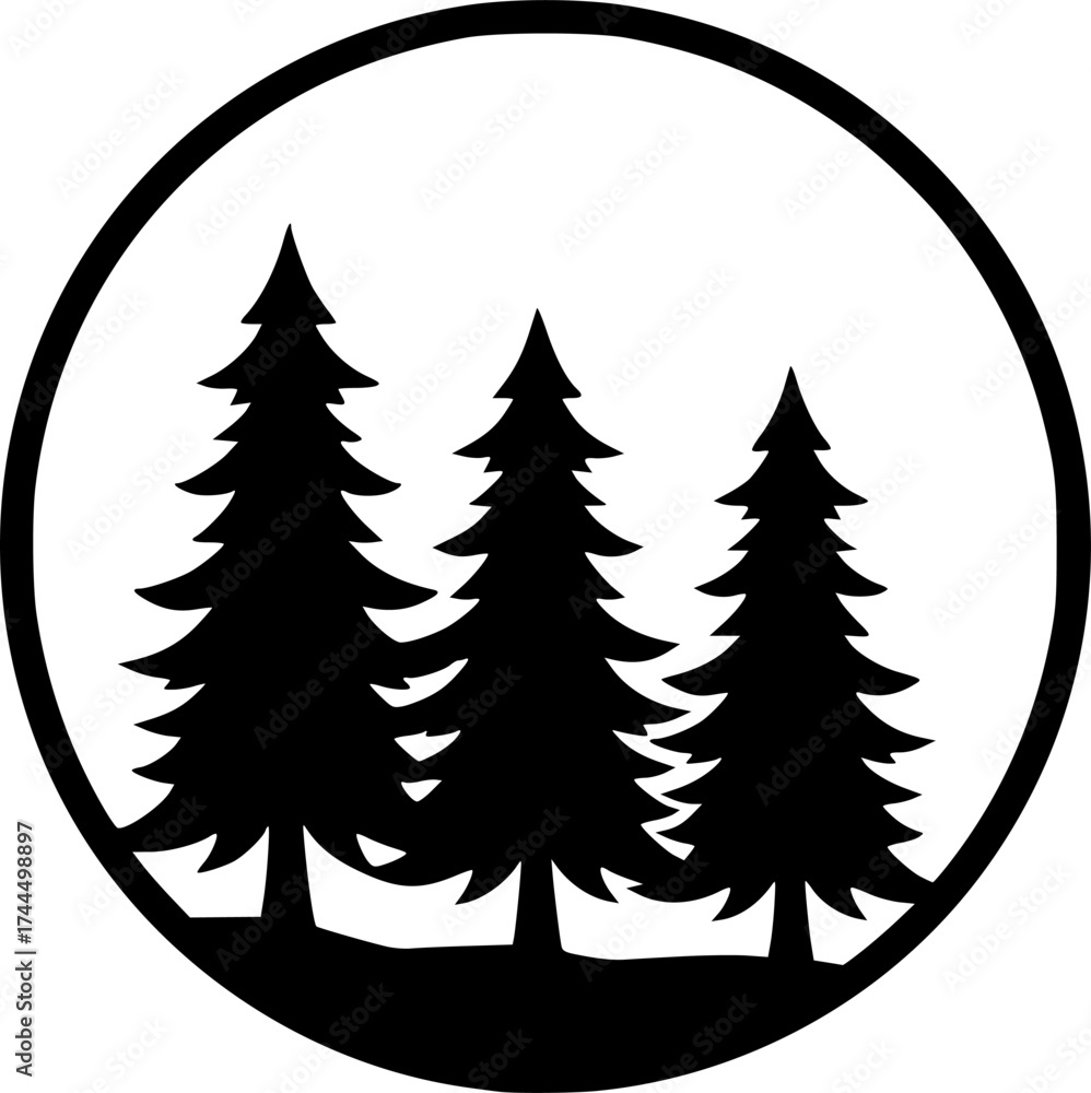 Obraz premium Minimalist Black Pine Trees in Circle Logo Design 