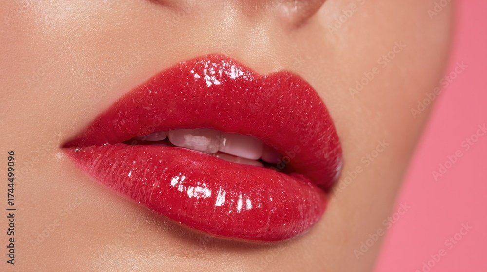 Fototapeta premium Close-up of full shiny red lips highlighting the smooth texture of glossy lipstick set against a soft pink background. A bold choice for makeup lovers.