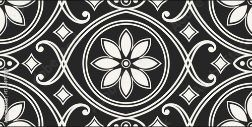 Luxury Ornamental Floral Vector Pattern | Black and White Decorative Swirl and Geometric Tile for Fashion, Fabric, Carpet, Interior and Graphic Design | Timeless Digital Art Texture