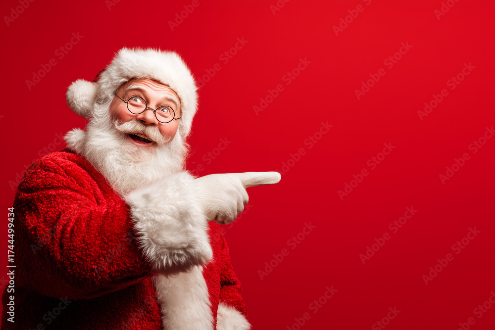 Naklejka premium Smiling Santa Claus pointing to empty space for text or logo. Designed for marketing materials and festive promotions.