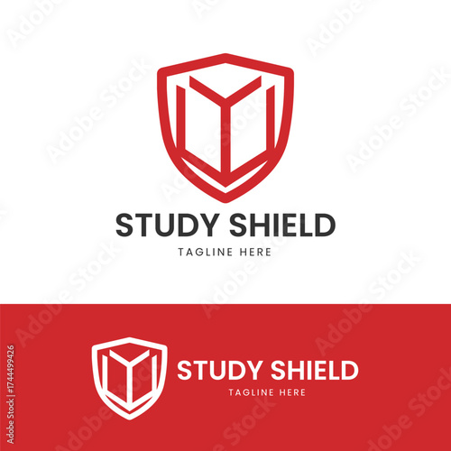 Red shield with an open book, symbolizing study, protection, knowledge, and education, ideal for schools, tutoring services, educational apps, or academic institutions seeking a strong brand.
