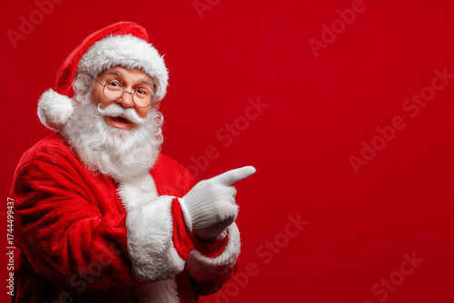 Smiling Santa Claus pointing to empty space for text or logo. Designed for marketing materials and festive promotions.