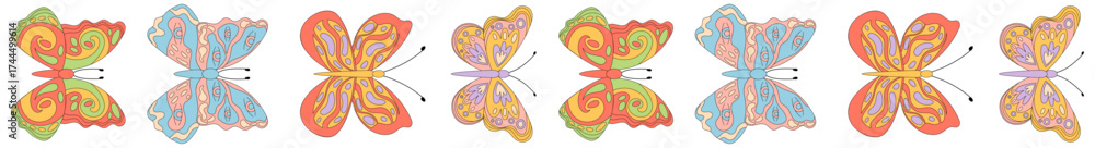 Obraz premium Groovy retro butterfly seamless border pattern in colorful spring style. Funky butterflies line up in a trendy y2k arrangement, creating a playful border for graphic pattern use or wallpaper art.