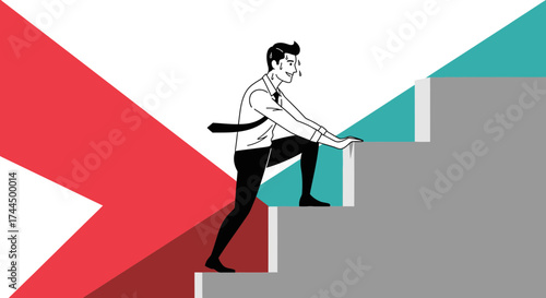 Businessman climbing stairs with a red arrow representing a challenge and a goal ahead