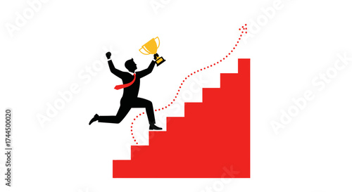 Businessman Climbing Stairs with Trophy, Illustrating Success and Business Goal Achievement