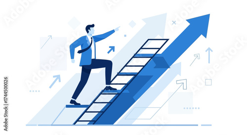 Businessman Climbing Stairway Towards Success With Blue Arrows Indicating Growth And Upward Movement