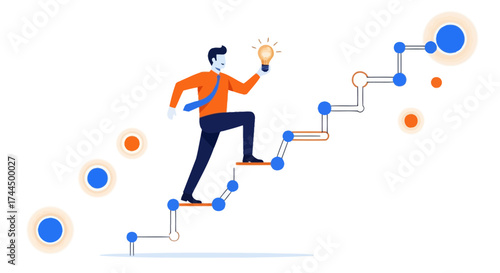 Businessman Climbing Steps to Success Holding a Glowing Light Bulb Concept Illustration