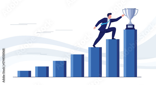 Businessman climbing to reach the trophy representing success and accomplishment on the chart