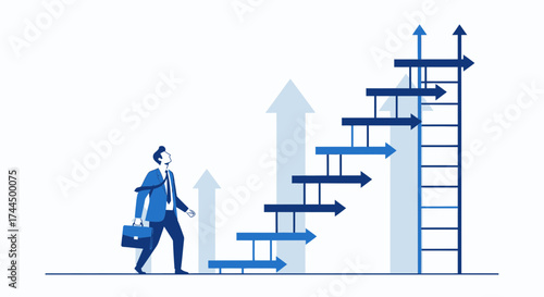 Businessman climbing the ladder of success with a goal in mind to achieve