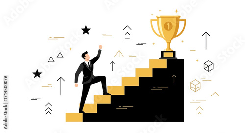 Businessman Climbing The Steps To Achievement And Victory With Successful Concept
