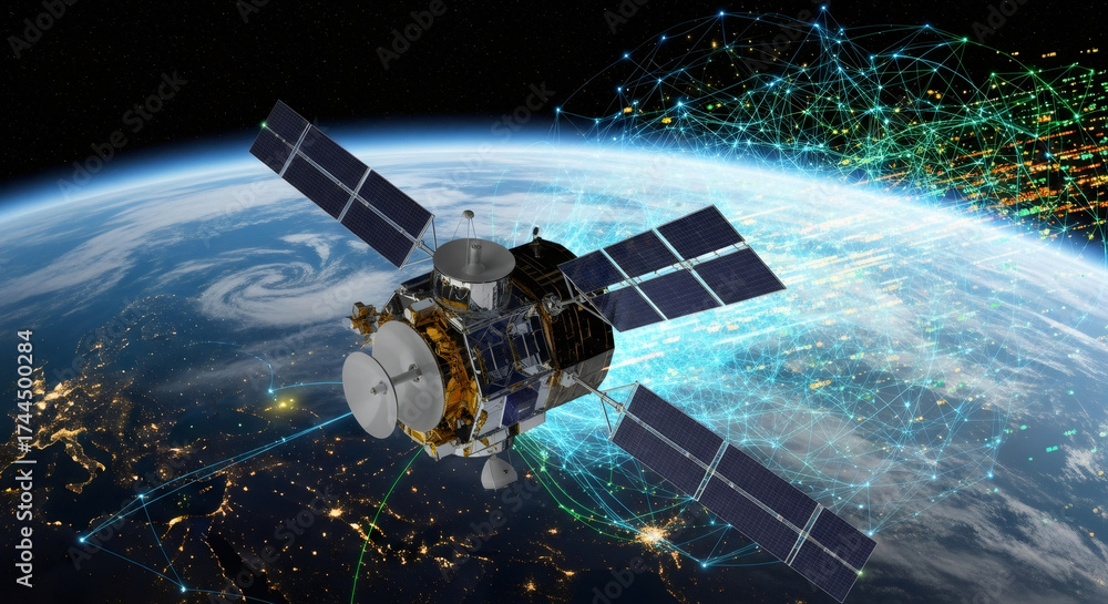 Fototapeta premium Telecommunication satellite orbiting earth. Global network connection technology, digital communication, and internet data concept. Future space exploration.