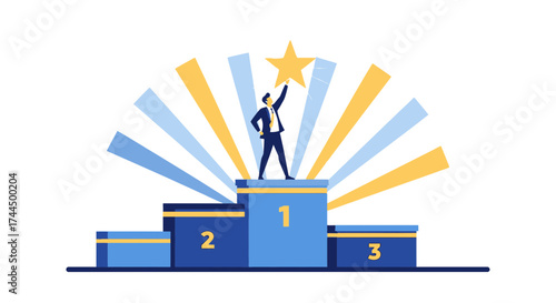 Businessman on a Podium Reaching for Victory and Success Achieving Goals Illustration