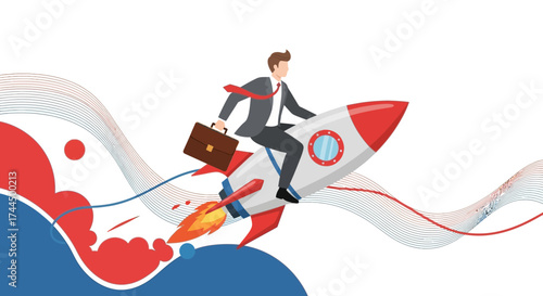 Businessman On A Rocket Ascending, Representing Rapid Business Growth And Success