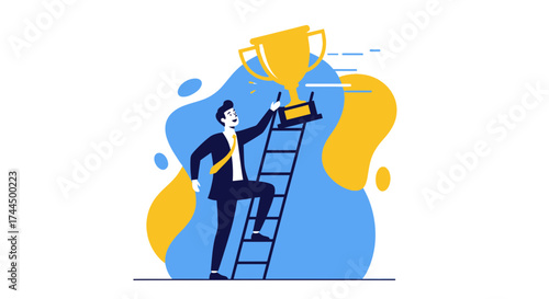 Businessman on Ladder Reaching Golden Trophy Illustrating Success and Achievement