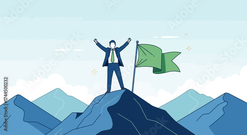 Businessman on mountain peak with flag shows success or winning achievement