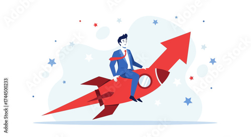Businessman on rocket ship soaring upwards represents business growth and success goals