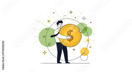 Businessman Embraces Golden Coin Signifying Wealth, Success, and Financial Prosperity Visually