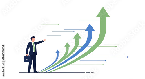 Businessman pointing at upward arrows representing business growth and success in finance