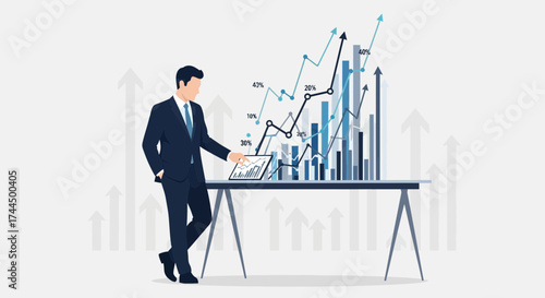Businessman Examining Data Charts Shows Success And Financial Growth Visualization