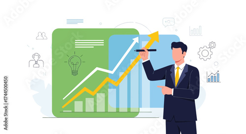 Businessman presenting business growth with chart and arrow rising up in a graphic