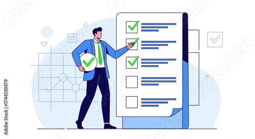 Businessperson Inspects and Reviews Checklist to Evaluate Tasks for Project Completion