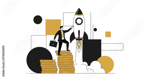 Businessperson Launching Rocket To Represent Financial Triumph And Success