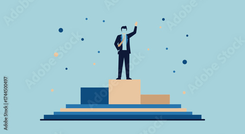 Businessman Reaching For Success On A Podium With Leadership And Achievement Concept