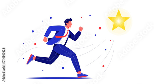 Businessman running towards a star, success and achievement concept vector illustration