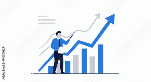Businessman Explains Financial Growth With Charts And Ascending Arrow On White Background