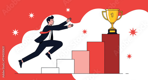 Businessman Running Up Stairs to Reach Trophy Symbolizing Ambition and Success