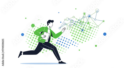 Businessman running towards data network with tablet in his hand and concept