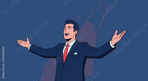 Businessman Expressing Enthusiasm With Open Arms Against Vibrant Background