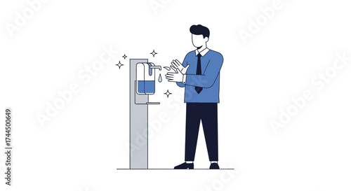 Businessman Sanitizing Hands at Dispenser for Hygienic Practices and Germ Elimination