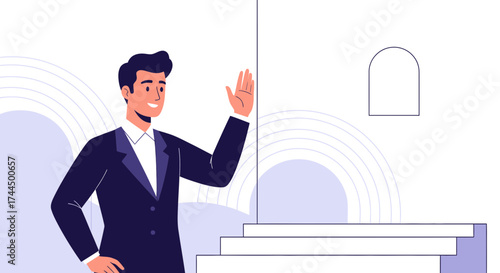 Businessman Gesturing Towards a Futuristic Architecture and an Abstract Composition, Elegant Design