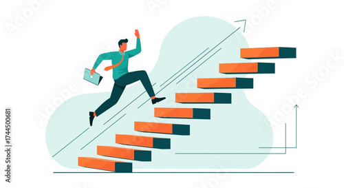 Businessman Scaling Staircase Towards Success with Laptop, Reaching Higher Levels of Achievement