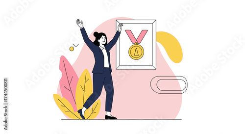 Businesswoman Celebrating Achievement Holding Framed Medal and Displaying Excitement and Victory