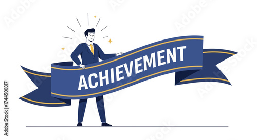 Businessman Holding an Achievement Banner Demonstrating Success and Accomplishment