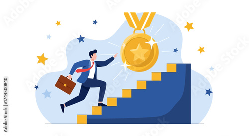 Businessman Striving For Gold Medal Winning First Place, Success, And Motivation