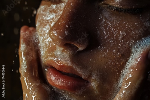 A person's face glistens wet with water droplets and foam, as hands gently cleanse the skin for a fresh, healthy glow.